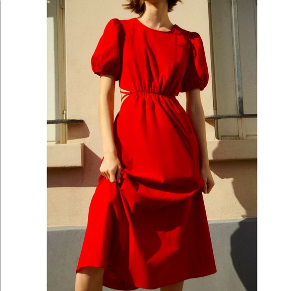 Zara Red Short Puff Sleeve Open back Midi Dress - Picture 6 of 13
